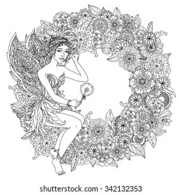 Beautiful fashion woman with  flowers  in the image of a fairy or elf , could be used  for coloring book.  Black and white in zentangle style.