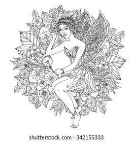 Beautiful fashion woman with  flowers  in the image of a fairy or elf , could be used  for coloring book.  Black and white in zentangle style.