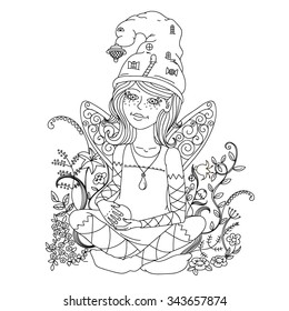 Beautiful fashion woman with flowers in the image of a fairy and elf , could be used for coloring book. Black and white.