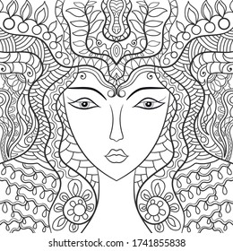 Beautiful fashion woman, girl with abstract long hair. Hand drawn face. Zen-doodle art, tattoo design, black and white illustration. Freehand sketch drawing for adult anti stress coloring book page