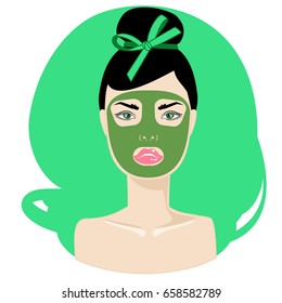Beautiful fashion woman with green organic cleanser facial cosmetic mask. Vector illustration.