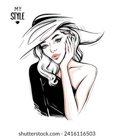 Hermosa mujer de moda en el sombrero. El aspecto de la mujer de moda. Chica elegante. Ilustración del vector 