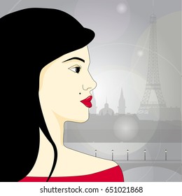 Beautiful fashion woman model with long hair - vector illustration. Female portrait on the background of Paris. Fashion illustration.