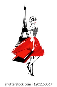 beautiful fashion woman in Paris - french fashionista with shopping bags and eiffel tower vector design