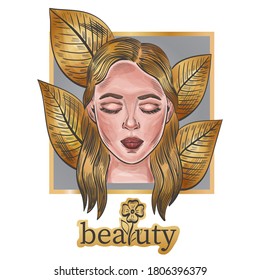 Beautiful fashion woman portrait. Girl face with closed eyes on golden leaves background, beauty text. Concept makeup, skincare. Vector in watercolor style for cosmetic design, cosmetology salon.