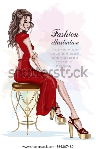 ビンテージチェアの上に赤いドレスを着た美しいファッションウーマン スケッチ 手描きのきれいな女の子 ベクターイラスト のベクター画像素材 ロイヤリティフリー