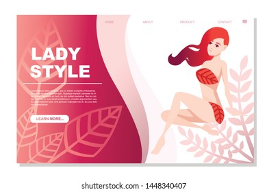 Beautiful fashion woman sit on floor with knees bent with red abstract hair and wearing red leaves cartoon character design flat vector illustration website page design