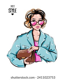 Hermosa mujer de moda con gafas de sol sosteniendo bolsa. Chica elegante. Ilustración del vector 