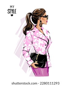 Beautiful fashion woman in sunglasses. Stylish pretty girl holding bag. Vector illustration.