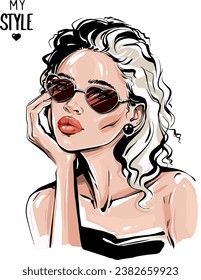 Beautiful fashion woman in sunglasses. Stylish girl. Vector illustration.