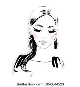 Beautiful fashion woman vector portrait. Hand drawn illustration for black and white print, greeting card design, invitation.