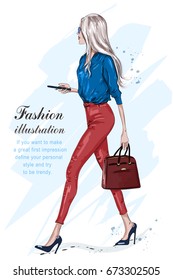 Beautiful fashion woman walking  Fashion stylish girl and accessories  Stylish businesswoman  Hand drawn fashion model in sunglasses  Sketch  Vector illustration 