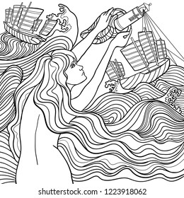 Beautiful fashion women with abstract hair and marine design elements could be used for coloring book. Black and white. Zentangle style. Sea, waves, ship, lighthouse. Marine theme. Vector illustration