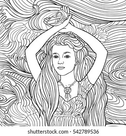 Beautiful fashion women with abstract hair and marine design elements could be used for coloring book. Black and white in zentangle style. Sea, waves, shell. Marine theme. Fantasy. Vector illustration