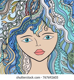 Beautiful fashion women with abstract long hair. Hand drawn girl for coloring book. Zen-doodle art, tattoo design, colorful illustration. Freehand sketch drawing for adult anti stress coloring page