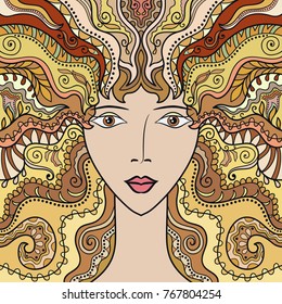 Beautiful fashion women with abstract long hair. Hand drawn girl for coloring book. Zen-doodle art, tattoo design, colorful illustration. Freehand sketch drawing for adult anti stress coloring page