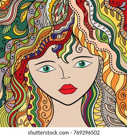 Beautiful fashion women with abstract long hair. Hand drawn girl for coloring book. Zen-doodle art, tattoo design, colorful illustration. Freehand sketch drawing for adult anti stress coloring page