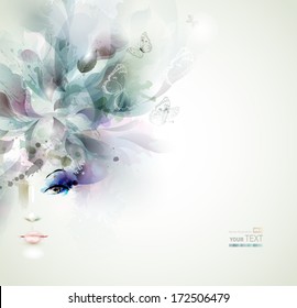 Beautiful fashion women face with abstract elements and butterflies 