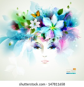 Beautiful fashion women face with natural elements, flowers and butterflies 