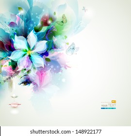 Beautiful fashion women face with natural elements, flowers and butterflies 