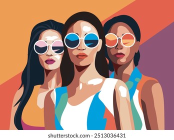 Beautiful fashion women in glasses stand together. Vector greeting card with place for text with International Women's Day. Movements for gender equality and women's empowerment.