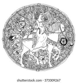 Beautiful fashion  women in the image of the princess from a fairy tale, riding on a horse on orient floral black and white  ornament, could be use  for coloring book  in zentangle style. 