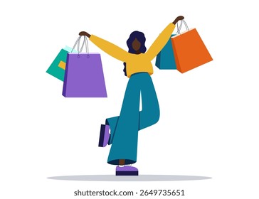 Linda mulher negra elegante com sacos de compras em suas mãos. Personagem de moda feliz animado menina segurando pacotes. Descontos, venda de férias, sexta-feira preta. Ilustração de vetor de varejo ou loja.