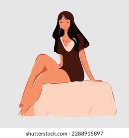 Beautiful fashionable casual style girl, brunette sitting. Long brown hair. Shorts, sneakers, belt shirt. Female character on white background. Isolated