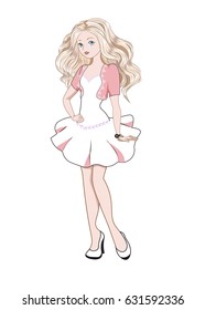 The beautiful fashionable girl the blonde in a bolero and a short dress, with a bracelet