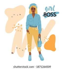 Beautiful fashionable girl. Girl boss lettering. Vector illustration isolated. Social media avatar