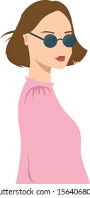 Beautiful and fashionable girl with brown hair, sunglasses and pink dress, vector illustration for fashion and beauty