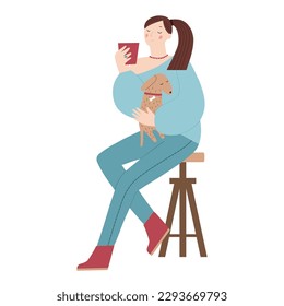 Beautiful fashionable girl with a dog in her arms sitting on a bar stool with a cup in her hands vector on white