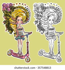 Beautiful fashionable girl with floral wreath on scooter