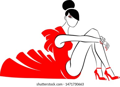 beautiful fashionable girl in a long red dress in high-heeled shoes sitting with bare legs with a hairstyle of the 1960s hugging her knees
