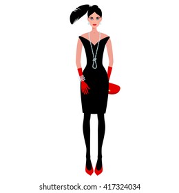 Beautiful fashionable girl on the evening of luxury glamor clothes. The stylish little black dress, hat, clutch bag, pearls. Vector illustration of people isolated on white background.