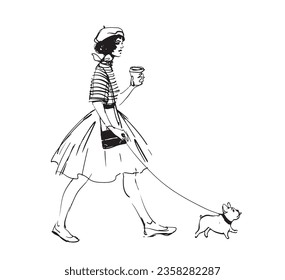 Una bella chica de moda con falda camina con una bulldog francesa y un café en la mano. Ilustración moderna dibujada a mano, vector de línea aislado sobre fondo blanco.