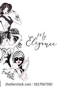 Beautiful fashionable girls with stylish hairstyles, red lips, hats and sunglasses in lines. Hand drawn vector illustration design.