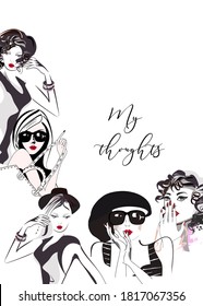 Beautiful fashionable girls with stylish hairstyles, red lips, hats and sunglasses in lines. Hand drawn vector illustration design.