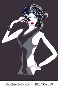 Beautiful fashionable girls with stylish hairstyles, red lips, hats and sunglasses in lines. Hand drawn vector illustration design.