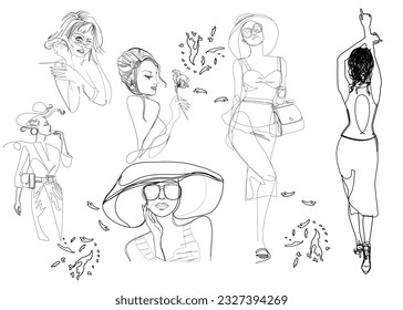 Beautiful fashionable girls with stylish hairstyles,  hats and sunglasses in lines. Hand drawn vector illustration design.