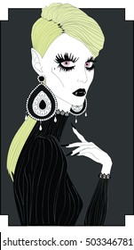 Beautiful Fashionable Vampire. Stylized Vector Art. Blonde Vampire Woman with Big Earrings, Long Eyelashes and  Dark Lips in Vintage Black Dress