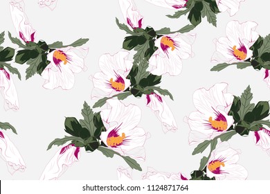 Beautiful fashionable vector seamless floral jungle pattern background. Colorful tropical flowers, white pink hibiscus with green leaves, exotic print.