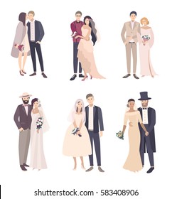 Beautiful And Fashionable Wedding Couple Bride And Groom. Set Of Vector Cartoon Illustration Isolated On White Background.