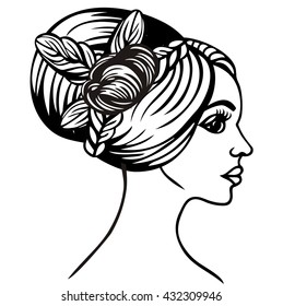 Beautiful fashionable wedding and evening female hairstyle retro 60s with babette and braid. Hairstyle with long hair curled and straight hair. Portrait of a woman. Hair salon, barber stylist.
