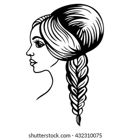Beautiful fashionable wedding and evening female hairstyle retro 60s with babette and braid. Hairstyle with long hair curled and straight hair. Portrait of a woman. Hair salon, barber stylist.
