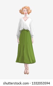 Beautiful fashionable woman in a green skirt, red short hair, sketch.
