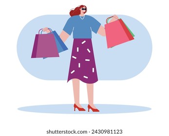 A beautiful fashionable woman wearing sunglasses smiling while holding a shopping bag after spending money. Vector flat illustration