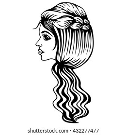 Beautiful fashionable women's hairstyle on long hair with elements weave trendy braid. Hairstyle with curled hair curls. Portrait of a woman. Hair salon, barber stylist - vector. 