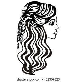 Beautiful fashionable women's hairstyle on long hair with elements weave trendy braid. Hairstyle with curled hair curls. Portrait of a woman. Hair salon, barber stylist - vector. 