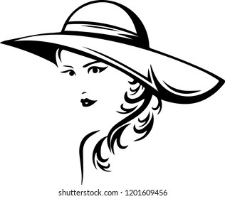 Beautiful fashionable young lady women long hair wearing a large hat  Silhouette  vector